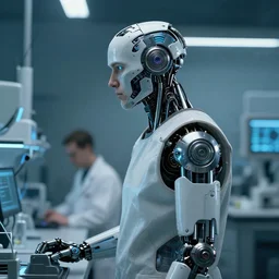 a laboratory operator man with cybernetic enhancements seen from a distance, scifi character portrait by greg rutkowski, craig mullins, daytoner, cinematic lighting, dystopian scifi gear, profile picture, mechanical, cyborg, half robot