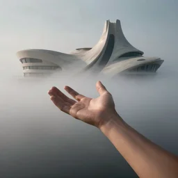 arm reaching out of thick fog, round buildings in background, smooth architecture, organic, sophisticated, zdzislaw beksinski, architecture of frank lloyd wright, zaha hadid, norman foster