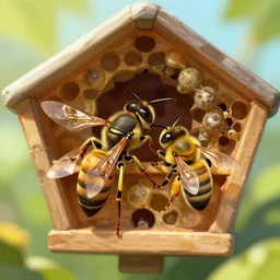 wasp against bees inside a bee hive, artstation
