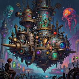 hyper detailed ultra sharp of a gothpunk steampunk overcrowded city airship. trending on artstation, warpaint aesthetic, earthwave, colorful, psychedelic, ornate, intricate, digital painting, concept art, smooth, sharp focus, illustration, art by artgerm and greg rutkowski and h. r. giger, 8 k