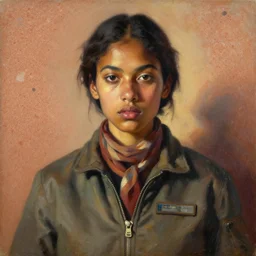 portrait in daring femininity, ethnic, determined realistic face, flight suit w scarf, warm glow, bathed in light, chiaroscuro, captured memory, angular impressionism, radiosity, terrazzo, earthy tones, modern fashion, contemporary art, vintage color cast, oil on canvas