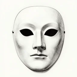 an ink drawing of da vinci style white tragedy mask, intimidating glare