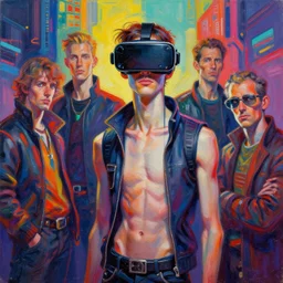 a beautiful painting of a cyberpunk hipster skinny man in vr glasses by syd mead by sachin teng and pascal blanche and ralph mcquarrie and greg rutkowski. in style of futurism art. ( colorful comic ), ( film noirs ), ( brush stroke ), ( vibrating colors ), hyper detailed. 4 k texture. octane render. trending on artstation