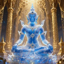 translucent astral guardian, hindu blue thai god, golden honeycomb hyperspace palace, wadim kashin, artgerm, xf iq 4, f / 1. 4, iso 2 0 0, 1 / 1 6 0 s, 8 k, raw, featured in artstation, octane render, cinematic, elegant, intricate, 8 k