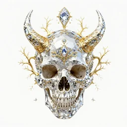 diamond demon skull, golden dendritic filigree accents, divine infinite consciousness, sacred trascendence, fractal DMT style, style of Gunther von Hagens