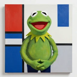 “kermit muppet painted part by piet mondrian, part by francis bacon, part by hilma af klint, part by leonora carrington, highly detailed, 8k”