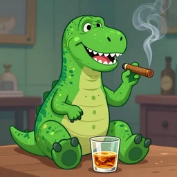 barney the dinosaur from kids show sittin and drinking whisky and smoking a cigar, portrait art, digital art, trending on artstation