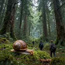 forest people hunting in futuristic spiritual mystical post apocalyptic forest from snail on the slope
