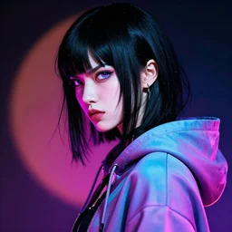 a 1 9 black hair cyberpunk goddess in hoodie, side portrait, vi, angry, striking, defiant, spotlight, vibrant colors, beautiful eyes, by marco paludet and gianni strino and marion bolognesi
