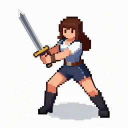 a pixel art picture of a woman holding a sword, pixel art, isometric 2 d game art, 1 6 bit, dynamic pose, # pixelart