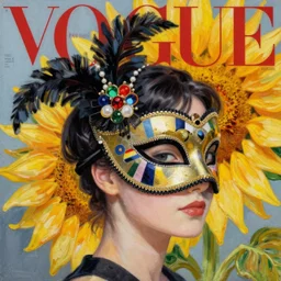 masquerade ball mask, korean audrey hepburn, vogue magazine, elle magazine, robert rauschenberg, greg rutkowski, john singer sargent, roy lichtenstein, trending on artstation, anime, oil painting, side profile portrait, looking right, sunflower, intricate