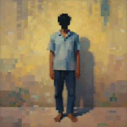 a pixilated, viewless blurry image of a person standing in front of a wall by bhupen khakhar, artstation, post - impressionism, full body, high quality photo, tilt shift