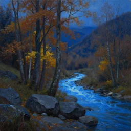 A beautiful, highly detailed, very realistic oil painting of some autumn trees, next to a small river, glowing bright blue in the middle of a valley, in a dark evening, with lots of dark grey rocks, oil painting by Afremov and Greg Rutkowski.