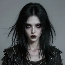 portrait painting of an androgynous witch with shoulder length flowing black hair pale skin and beautiful dark brown eyes wearing a punk clothes, ultra realistic, concept art, intricate details, eerie, highly detailed, photorealistic, octane render, 8 k, unreal engine. art by artgerm and greg rutkowski and magali villeneuve
