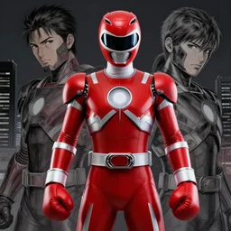 full body highly - detailed red ranger ultraman ironman by takeshi obata and yusuke murata, colored by udon comics, trending artstation and cgsociety, beautiful face, volumetric lighting, rule of thirds, unreal engine, centered subject, octane render, pencil and ink, city in the background, dark colors, intricate details, sharp face, boxing gloves
