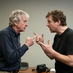 richard stallman and linus torvalds having a fight, a photo of two people having a fight indoors, dslr photography