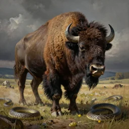 western themed painting of fear of bison with snakes for legs