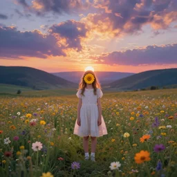 flower girl with a flower face, surreal photography, dream, standing in flower field, in a valley, sunrise dramatic light, impressionist painting, colorful clouds, artstation, simon stalenhag