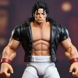stoic michael jackson oversized muscular hulked powerlifter by neca!!! pretty! beautiful! shirtless muscular white pants black sequined jacket very detailed realistic action figure by neca. face very close up shot headshot. in the style of tekken 5, character from mortal kombat, film still, bokehs