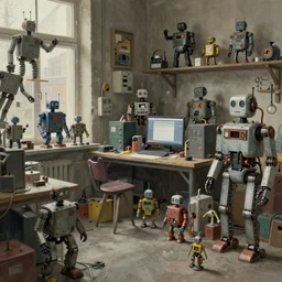 cluttered inventors workshop full of robots . muted colors. by Jean-Baptiste Monge !!!!!!!!!!!!!!!!!!!!!!!!!!!