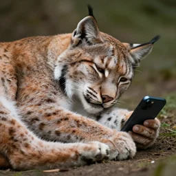 Sleep deprived lynx looking at his phone, photorealistic