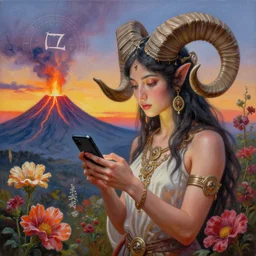 painting by senior concept artist josephine wall, horned ram goddess checking her cell phone, erupting volcano and sunset in distance in background, flowers in foreground, zodiac, fantasy, acrylic on canvas, intricately detailed, highly detailed, high resolution, hd, hdr, 8 k, trending on artstation,