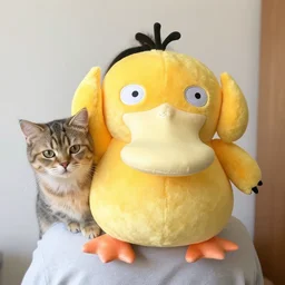 psyduck plush with a cat on the shoulder