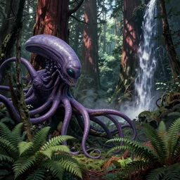 tentacular, violet alien undergrowth overwhelming a redwood forest, ferns and waterfalls shadow of the colossus screenshot by j. c. leyendecker, simon stalenhag, studio ghibli, barlowe, audobon and beksinski