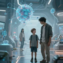 a young family with a young boy, scene from a future world where nanotechnology is ubiquitous