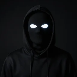 Photo of a person wearing black hoodie with a hood on and completely black full face mask and glowing white eyes, on a black background