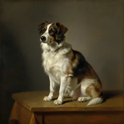 An oil painting from 1664 of a dog sitting on a table.