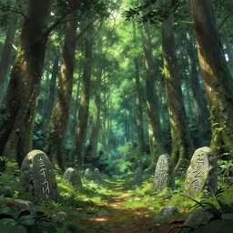 a beautiful spiritual forest panorama concept art, with rune stones on the ground, by masanori warugai and kentaro miura
