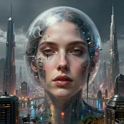 detailed face of a woman, tectonic cityscape, skydome, reactor, utopian, wet reflections, prism, atmospheric, ambient, pj crook, syd mead, livia prima, artgerm, greg rutkowski, nick alm, casey baugh