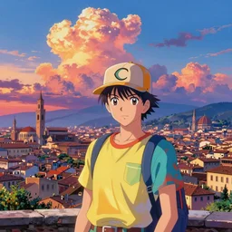 colorful and vibrant and provenance paint about key anime visual portrait of an italian city in the background at sunset, the tyndall phenomenon, cumulonimbus clouds, modern anime still, 4 k