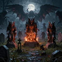 a photograph of demon statues demon statues in an overgrown graveyard, burning pentagon, scary creatures, cosmic horror, morbid art, sharp focus, cinematic, high angel distant shot, moonlight, hyper detailed, 4 k, octane render, deviantart,