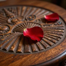 a single red rose petal rests on a wooden table with an intricate seashell carved into it, close up view, dramatic lighting, DOF, intricate artwork by Raymond Swanland and Ruan Jia