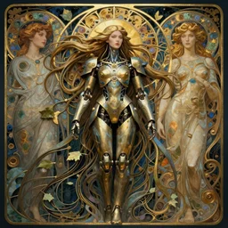 fantasy magic portrait of a humanoid mecha goddess by artgerm and greg rutkowski and alphonse mucha, wide angle full body composition, rule of thirds, golden ratio, Art Nouveau! cyberpunk! style, mechanical accents!, long hair, fantasy, intricate, elegant, highly detailed, digital painting, artstation, concept art, smooth, sharp focus,  flowing wires with leaves, rich deep moody colors