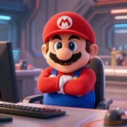 film still of real life super mario wearing his hat with his arms crossed sitting at a desk in the new sci - fi movie