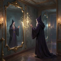 mirror wall hallway, backrooms, magic spell, male wizard, casting spell, ceremony, sabbath, artstation