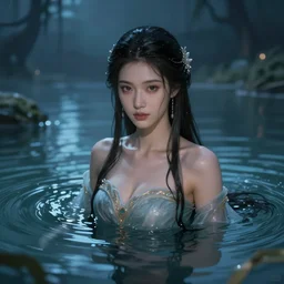 pretty portrait of a fantasy lady in a magical lake, half submerged in water, highly detailed, digital painting, artstation, night scene, wlop concept art, smooth, sharp focus, illustration, art by artgerm and greg rutkowski, 8 k
