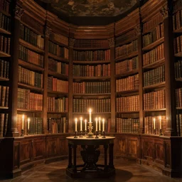 Giant, lit by candles, old library. Hyperrealistic masterpiece impressionists painting. Museum collection. 8k, beautiful detail, post-processing
