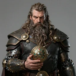 portrait of a burly slavic god in biomechanical robe holding an ancient artifact with long tangled beard, sharp eyes, hyper realistic face, fantasy art, greg rutkowski, intricate, alphonse mucha, hyper detailed engraving, concept art, elden ring, illustration, smooth, sharp focus, by gustave dore and greg rutkowski