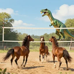 horses and a velociraptors playing volleyball