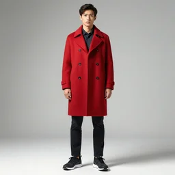 red coat, fine textured cloth, portrait shoot, runnimg shoes, well lit professionnal photography