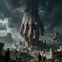 a gigantic eldritch hand descending from a cosmic horror sky and crushing a medieval city, photorealistic movie still by michael komarck, greg rutkowski, victo ngai, artgerm, willem claesz heda and j. dickenson