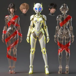 a full body character design by loish, hong soonsang, tooth wu, zeen chin, wlop, makoto shinkai and alphonse mucha. laser white and yellow tape and red translucent plastic tape project show attctive showgirl!! sci - fi helmet with electric blue eyes!! sharp edges. contour light effect!! ultra detailed, elegant, intricate, octane render.