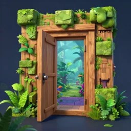 open door wood wall fortress greeble block amazon jungle on portal unknow world ambiant fornite colorful that looks like it is from borderlands and by feng zhu and loish and laurie greasley, victo ngai, andreas rocha, john harris