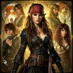 highly detailed portrait of a half - elf woman pirate with long hair, stephen bliss, unreal engine, fantasy art by greg rutkowski, loish, rhads, ferdinand knab, makoto shinkai and lois van baarle, ilya kuvshinov, rossdraws, tom bagshaw, alphonse mucha, global illumination, radiant light, detailed and intricate environment