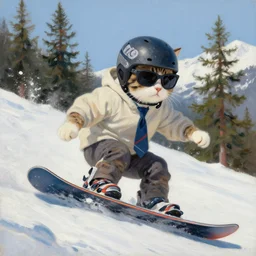 oil painting of a a cat wearing a tie, a helmet and sunglasses snowboarding down a mountain, pine trees, trending on artstation by greg rutkowski