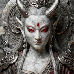 naraka buddhist demon korean female, highly detailed, symmetrical long head, red blood eyes, smooth marble surfaces, detailed ink illustration, raiden metal gear, cinematic smooth stone, deep aesthetic, concept art, post process, 4 k, carved marble texture and silk cloth, latex skin, highly ornate intricate details, in the style of 8 8 grzes